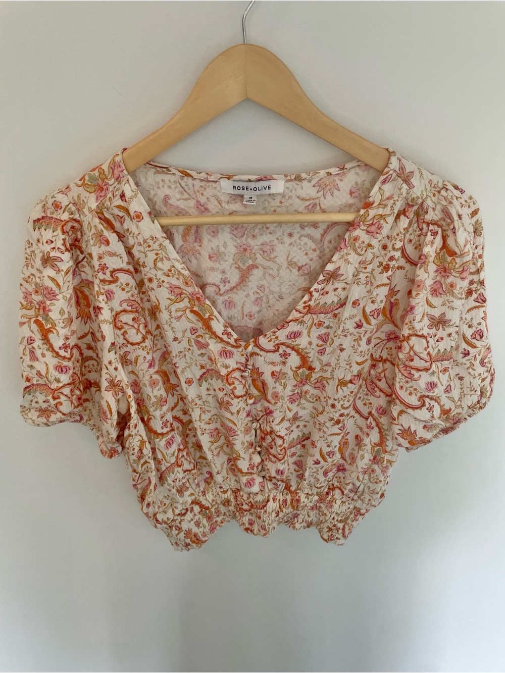 Rose & Olive Cream Floral V-Neck Smocked Crop Top